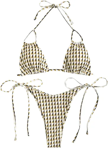 Vista 24 de ZAFUL Bikinis triangulares estampados para mujer, 2 piezas, bikini halter, traje de baño de corte alto, traje de baño con lazo lateral 0-negro a