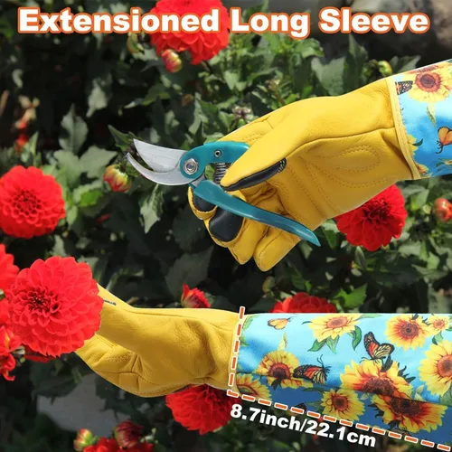 Vista 3 de DLY Guantes de jardinería para mujeres, guantes para rosas resistentes a espinas, guantes largos de jardín para mujeres, guantelete de cuero vacuno
