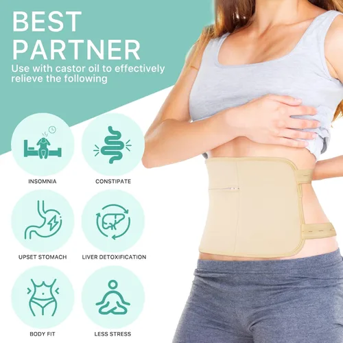 Vista 5 de Paquete de aceite de ricino 5 en 1 para hígado, paquete de aceite de ricino para cintura y cuello tiroideo, kit de almohadillas orgánicas