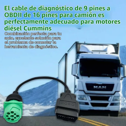 Vista 2 de Cable adaptador OBD2 a J1939 verde tipo 2 (macho de 16 pines a macho de 9 pines) para camiones pesados y vehículos comerciales con conector