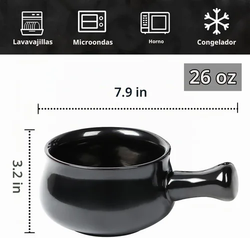Vista 4 de vicrays Tazones de sopa de cebolla francesa con asas, 26 onzas para sopa, chile, estofado de res, resistentes a las astillas, aptos para Negro