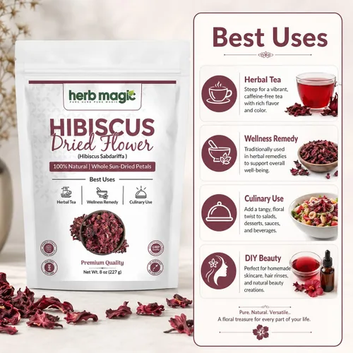 Vista 3 de Flores secas de hibisco perfectas para té y agua fresca mexicana, flor de jamaica, flores enteras y pétalos Herbmagic