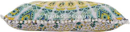 Vista 3 de Funda de cojín de piso de algodón. 26 pulgadas, con encaje de borlas decorativo y diseño de mandala.