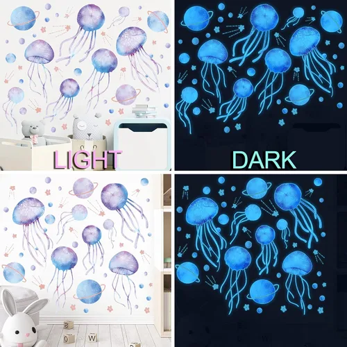 Vista 6 de 4 hojas de calcomanías de pared de medusas de cielo estrellado que brillan en la oscuridad, calcomanías de pared luminosas azul planeta, calcomanías