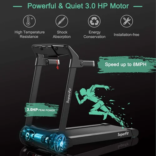 Vista 4 de Cinta de correr plegable motorizada 3.0HP, cintas de correr portátiles con pantalla digital HD, altavoz de dientes azules y control de aplicación