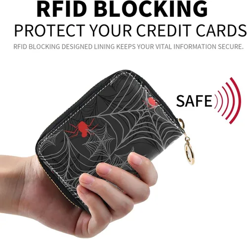 Vista 2 de ZAZYXTJ Tarjetero RFID con bloqueo de cuero con cremallera para tarjetas de crédito, cartera de acordeón para hombres, mujeres y niñas, Spider Web