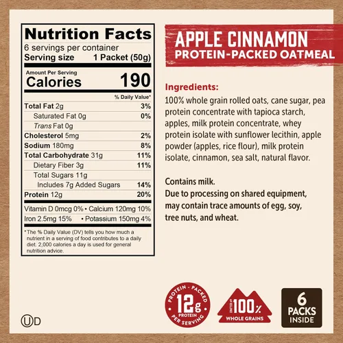 Vista 3 de Kodiak Cakes Paquetes de avena instantánea, manzana y canela, alto contenido en proteínas, 100% granos integrales, 6 cajas con 6 paquetes cada una
