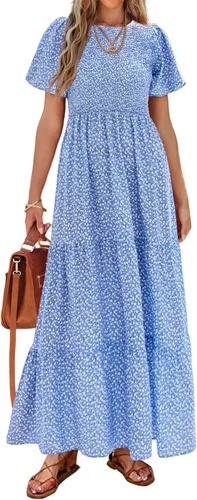 Vista 16 de PRETTYGARDEN - Vestido largo casual de verano para mujer, manga corta acampanada, bohemio, floral, cuello redondo, vestido blusón, escalonado
