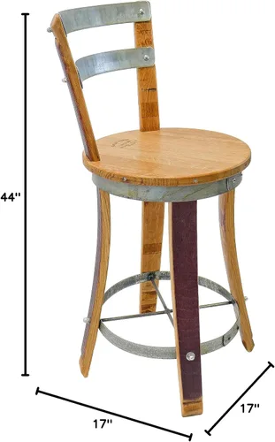 Vista 2 de Taburete giratorio con respaldo de acero, muebles de barril de vino hechos a mano (24 pulgadas de altura sentada)