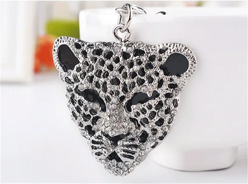 Vista 2 de JewelBeauty Llavero de cabeza de jaguar de leopardo de cristal de moda, bolso de mano, llavero para coche, colgante de decoración, bolsa de regalo