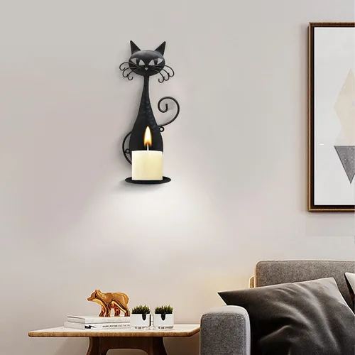 Vista 5 de Candelabros de cristal para velas de pilar, candelabros de pared de gato de metal negro