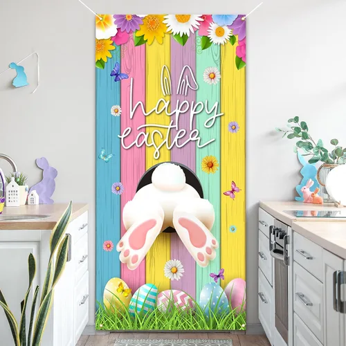 Vista 4 de Cubierta de puerta de Pascua, decoración de conejo, huevo y conejo, decoración de margaritas, pancarta de puerta, decoración de granja