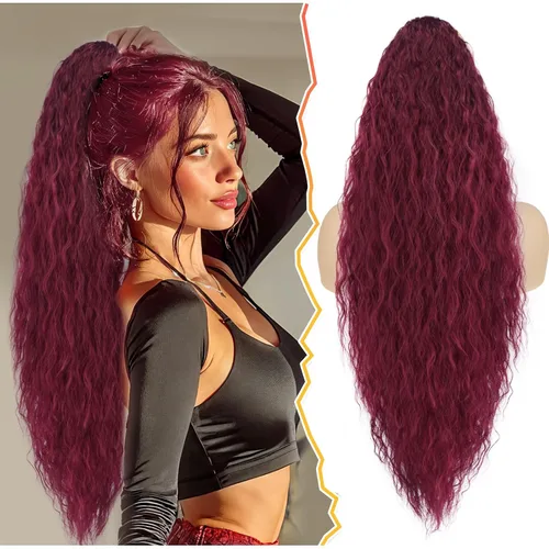 Vista 17 de BARSDAR Extensión de cola de caballo rizada ondulada con cordón negro marrón – 22 pulgadas de extensión de cabello sintético con peine de clip