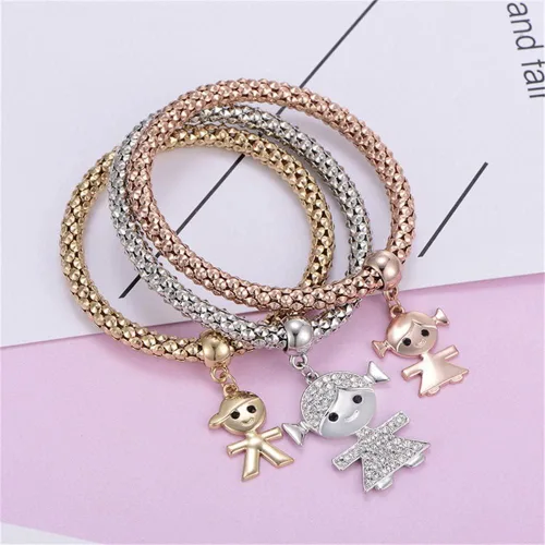Vista 5 de Pulseras multicapa con dijes de cristal, 3 unidades, oro y plata, oro rosa, pulsera elástica en forma de corazón para mujer, árbol de la vida
