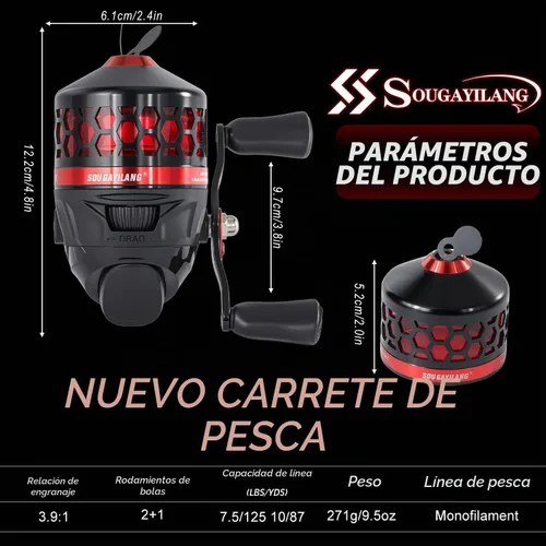 Vista 3 de Sougayilang Spincast - Carrete de pesca, relación de engranajes de alta velocidad 3.9:1, diseño de cebo de botón sin problemas y mango reversible