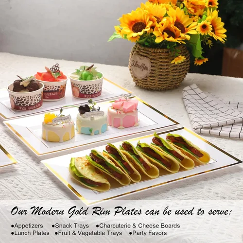 Vista 5 de Uiifan 30 bandejas de plástico para servir a granel, borde de oro blanco, elegante, rectangular, desechable, mesa de postre de plástico, bandejas