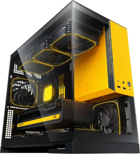 Vista 10 de Geometric Future M5 de vidrio templado semitorre, chasis de juego E-ATX/ATX, acero de 1.2mm, Tipo C, paneles sin herramientas, soporte para radiador