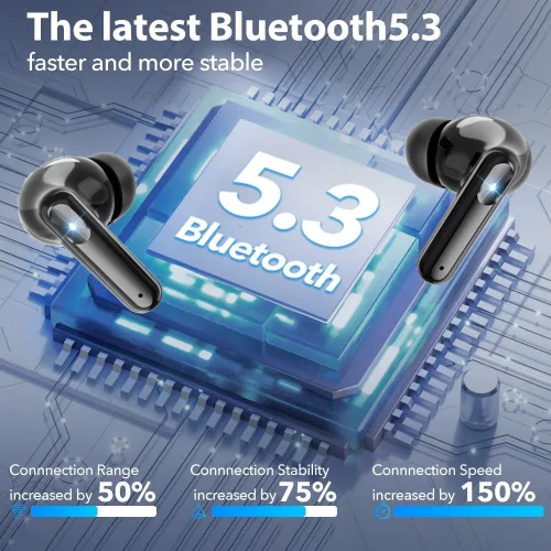 Vista 5 de Auriculares Bluetooth inalámbricos, auriculares de graves profundos de 50 horas con 4 micrófonos con cancelación de ruido, IPX5 impermeables