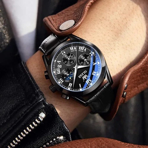 Vista 5 de OLEVS Reloj para hombre multifunción de acero inoxidable impermeable analógico reloj de cuarzo con correa de cuero