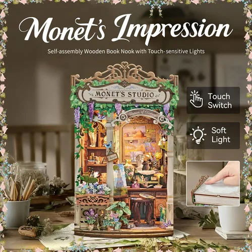 Vista 2 de Monet's Studio Book Rook Kit con luz LED y cubierta antipolvo, kit de casa en miniatura de bricolaje, rompecabezas de madera 3D, kit de construcción