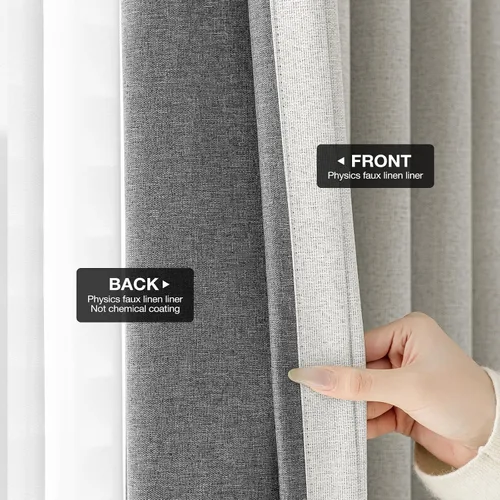 Vista 9 de Rinwoc - Cortinas 100% opacas para dormitorio, cortinas con aislamiento térmico de 1.6 m de longitud, 2 paneles, lino texturizado de estilo granja