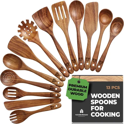 Vista 10 de Cucharas de madera para cocinar: juego de utensilios de cocina de teca