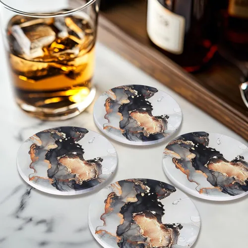 Vista 5 de Juego de 6 posavasos de cerámica abstractos de mármol negro con soporte para escritorio, salón, mesa de café, vino, bebidas, bar
