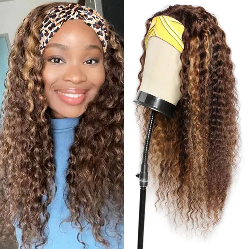 Vista 34 de Peluca de cabello humano con diadema de ondas profundas, sin pegamento, pelucas de cabello rizado sin encaje frontal, pelucas de cabello humano