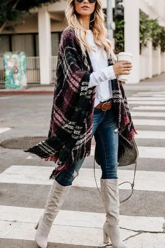 Vista 4 de Bestshe - Elegante poncho con parte delantera abierta para mujer, diseño de bloques de color, chal de punto de gran tamaño para mujer