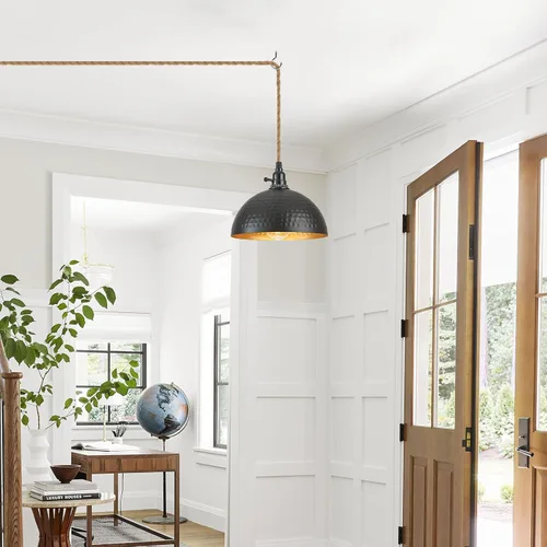Vista 7 de Luces Colgantes Enchufables Lámpara Colgante de Cúpula Martillada con Interruptor Regulable Cuerda de Cáñamo de 15 Pies de Largo Luz Colgante