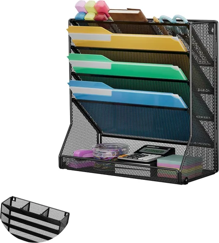 Vista 11 de Jakyitvi Organizador de archivos montado en la pared, organizador de escritorio de metal ajustable y duradero de 4 niveles, soporte para archivos