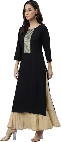 Vista 5 de Janasya Kurta recta de rayón negro para mujer india
