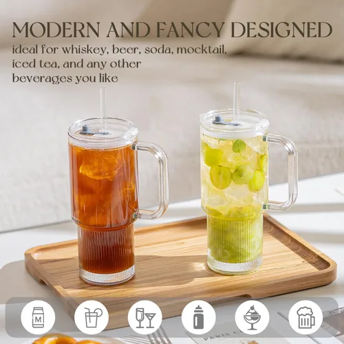 Vista 5 de KEMORELA Paquete de 2 vasos de vidrio acanalado de 26 onzas con asa y tapa, grandes tazas de café helado estéticas con pajitas, tazas de vidrio