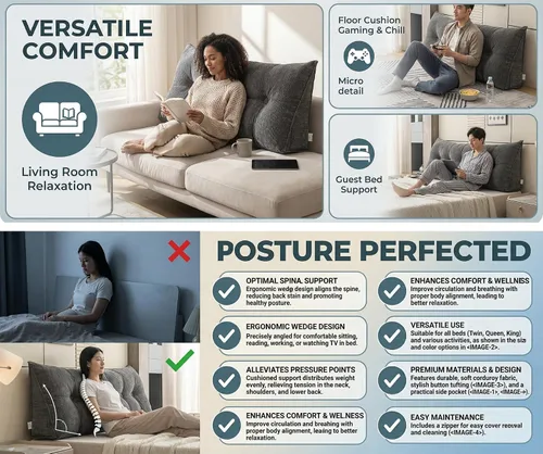 Vista 2 de Almohada de cuña Queen para cabecero, con funda extraíble y dos bolsillos laterales grandes, para camas, sofás, suelos. Especialmente para sentarse