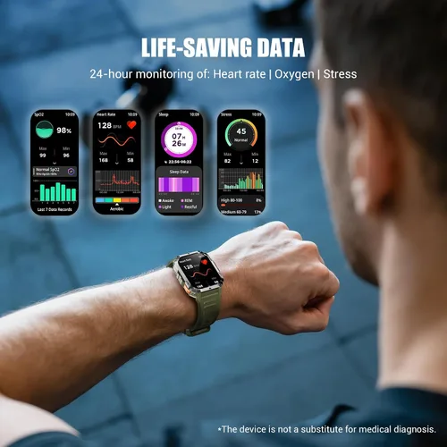 Vista 3 de Relojes inteligentes militares para hombres, reloj inteligente para Android iPhone con gran pantalla HD de 2.01 pulgadas, linterna, batería de 100