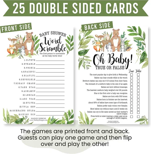 Vista 6 de Hadley Designs 25 palabras del bosque Scramble para baby shower, 25 juegos verdaderos o falsos, 25 juegos de animales de bebé, 25 juegos de rimas