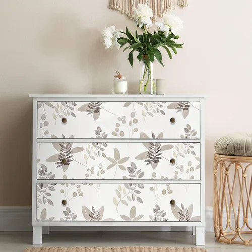 Vista 3 de Caltero Papel tapiz floral beige para despegar y pegar, papel tapiz de hojas de eucalipto de oliva de 17.3 pulgadas, 98.4 pies, papel de contacto