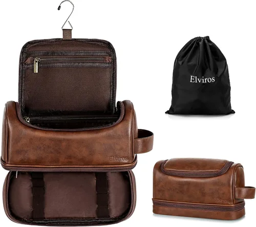 Vista 11 de Elviros - Neceser de aseo personal para hombre, organizador de viaje de cuero PU, con gancho para colgar, bolsas de afeitado para el baño de gran