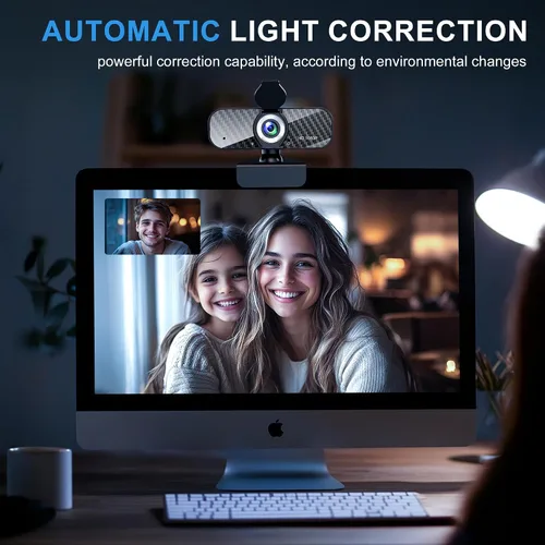 Vista 4 de Webcam Full HD 1080P con micrófono incorporado y trípode giratorio, placa de fibra de carbono y cubierta de privacidad, corrección de luz