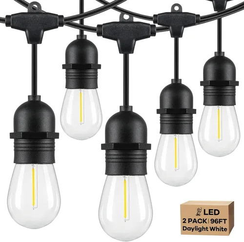 Vista 8 de Cadena de luces para exteriores de 96 pies (48 x 2), luz de patio de alambre blanco resistente de grado comercial con bombillas LED S14 Blanco-2700K