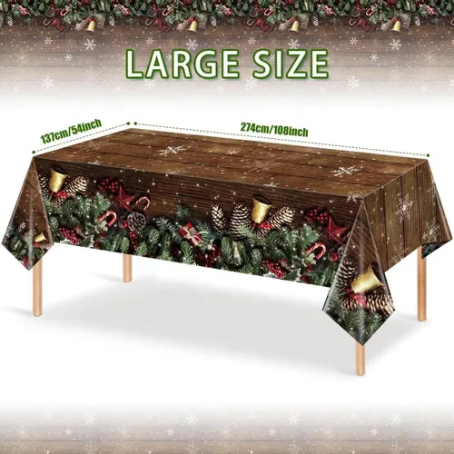 Vista 2 de Paquete de 3 manteles navideños con veta de madera marrón, cubremesas de plástico de madera con brillantina dorada de copos de nieve navideños