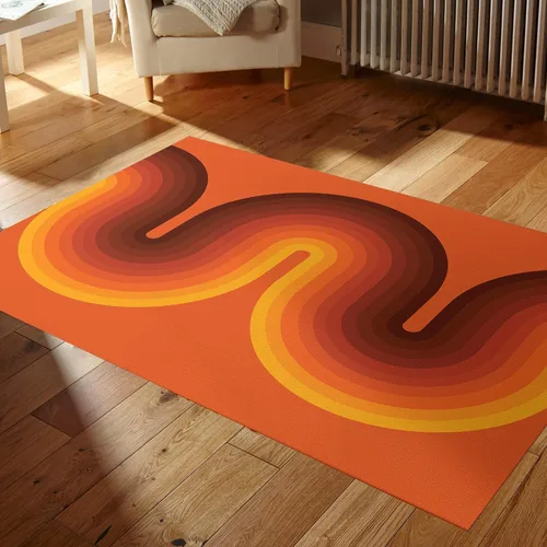 Vista 2 de Alfombra retro de color marrón naranja y marrón, antideslizante, 5 x 7 pies, alfombra de yoga moderna de mediados de siglo, alfombra de yoga