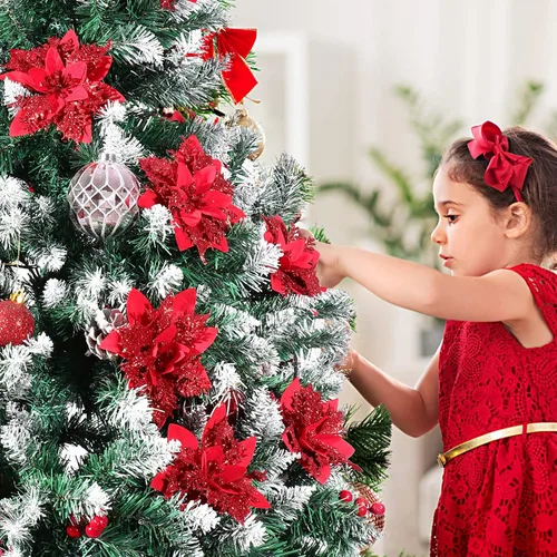 Vista 8 de Toyvian Flores de pascua artificiales con purpurina navideña, 12 adornos de flores para árbol de Navidad, decoración de fiesta de Navidad con 12 Rojo