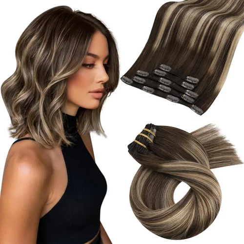 Vista 73 de Moresoo Extensiones de cabello humano con clip, balayage, color marrón oscuro a marrón dorado con clip, extensiones de cabello humano con clip, 5