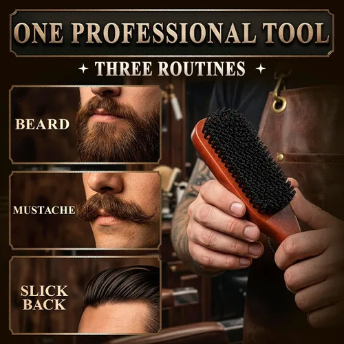 Vista 7 de Cepillo de barba para hombre con mango – Cepillo de barba de cerdas de jabalí suave para hombres, diseño de madera de 9 pulgadas para barbas