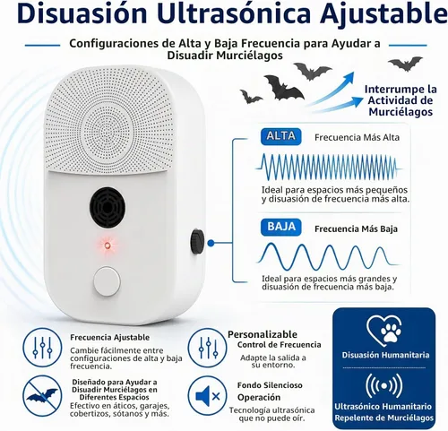 Vista 2 de Enchufe ultrasónico repelente de murciélagos 2026, dispositivos de disuasión de murciélagos para interiores con frecuencia ajustable, exclusión