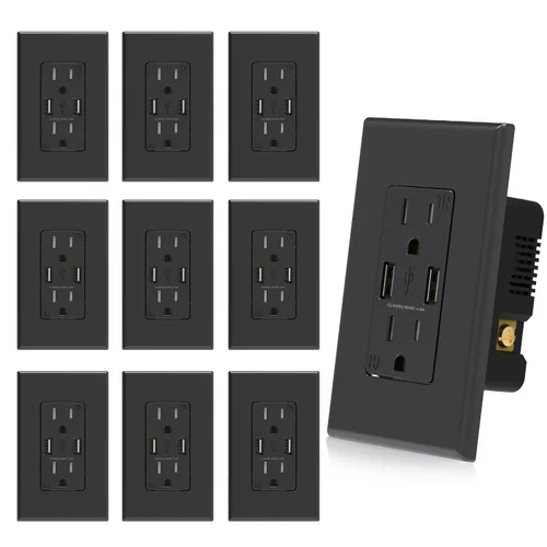 Vista 13 de ELEGRP Receptáculo de toma de pared USB con puertos USB duales de 4.0 A, receptáculo dúplex resistente a manipulaciones de 15 amperios, toma de Negro