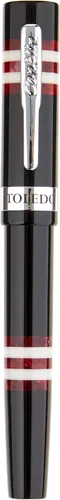 Vista 8 de Conklin Toledo - Pluma estilográfica en negro con segmentos de anillo azul y blanco, punta media, pluma estilográfica de lujo con detalles cromados