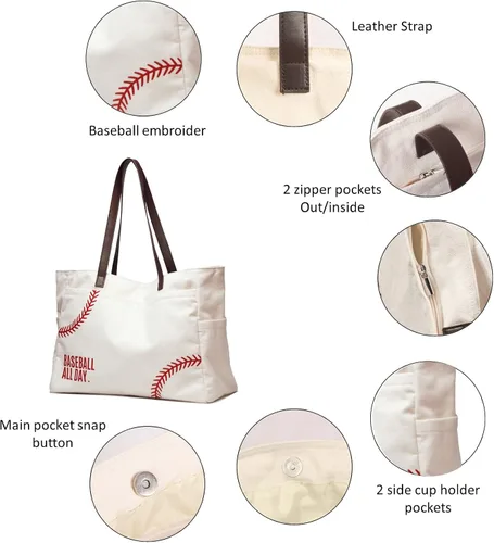 Vista 5 de Bolsa de lona de béisbol para mujer, artículos esenciales para madres deportivas, bolsa bordada de béisbol para mamá, béisbol de viaje, regalo