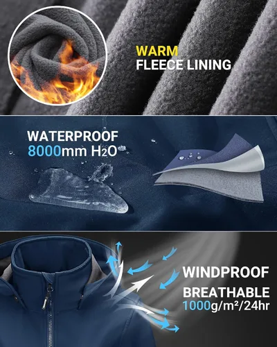 Vista 3 de Outdoor Ventures Chaqueta Softshell para mujer con capucha extraíble, cortavientos aislada, abrigo impermeable con forro polar cálido